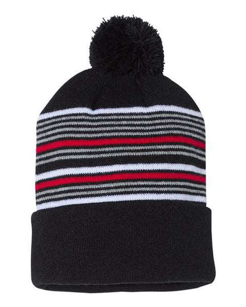 Sportsman - SP60 - 12" Striped Pom-Pom Cuffed Beanie