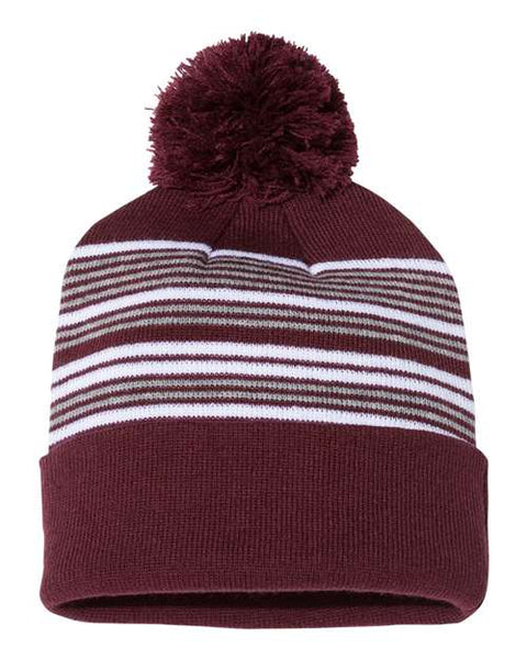 Sportsman - SP60 - 12" Striped Pom-Pom Cuffed Beanie