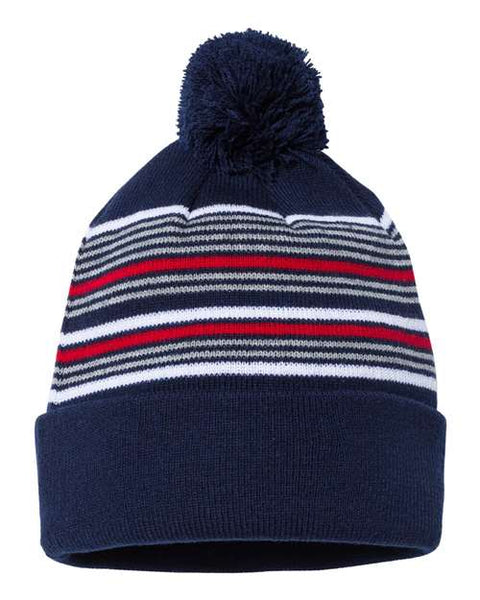 Sportsman - SP60 - 12" Striped Pom-Pom Cuffed Beanie