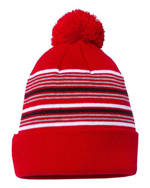 Sportsman - SP60 - 12" Striped Pom-Pom Cuffed Beanie