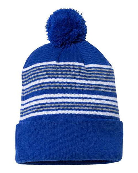 Sportsman - SP60 - 12" Striped Pom-Pom Cuffed Beanie